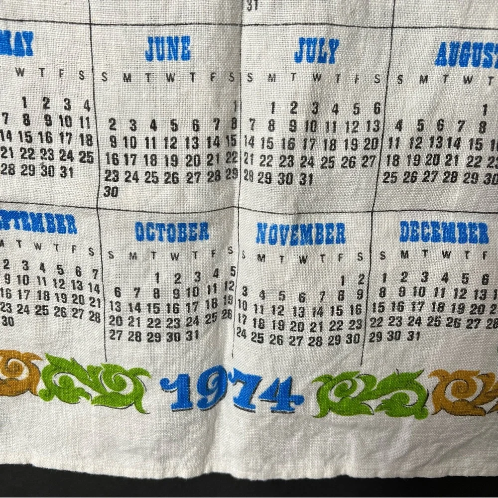 VTG Linen Calendar Wall Hanging Tea Towel 1974 and 1981 CottageCore Arts & Craft